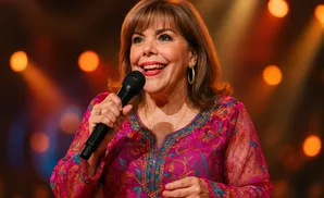 Singer on stage holding a microphone, smiling and wearing a colorful pink and teal embroidered outfit with gold hoop earrings.