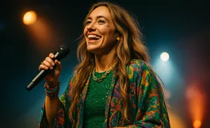 A joyful woman with long, wavy hair and a colorful jacket sings into a microphone on a warmly lit stage, smiling brightly.