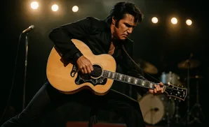 A man in a black suit plays an acoustic guitar on stage, illuminated by bright spotlights.