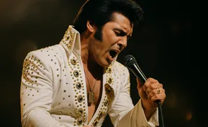 An Elvis Presley impersonator in a white, rhinestone-studded jumpsuit sings into a microphone.