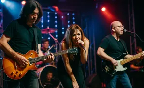 A band performs on stage, with a female singer in the center, a guitarist to her left, and a bassist to her right.