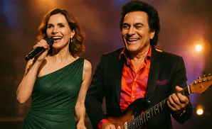 A man and woman singing and playing guitar on stage with warm lighting.