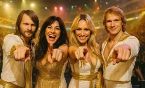 Four performers in retro outfits point at the camera during a concert.