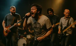 A band performs on stage with a lead singer in the foreground.