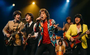 A band performs on stage with a singer in a colorful jacket, backed by guitarists, a bassist, and a drummer.