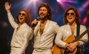 Three men in sparkling white outfits and retro hairstyles perform on stage, one singing into a microphone and another playing guitar.