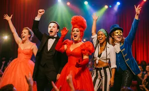 Performers in elaborate costumes, including a mask and dramatic red hair, cheer with raised hands on stage.