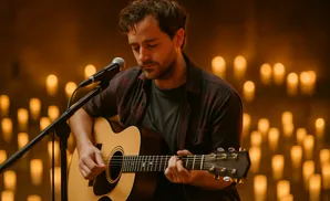 A man plays an acoustic guitar in front of a backdrop of soft, glowing candles.