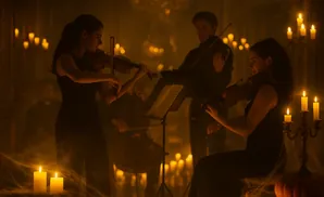 A string quartet plays in a dimly lit room with candles and cobwebs.