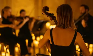 A woman plays a cello in a candlelit room, with other musicians in the background.