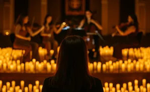 A person watches a string quartet perform by candlelight.