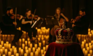 A royal crown sits on a velvet cushion, with an orchestra playing in the background, illuminated by candlelight.