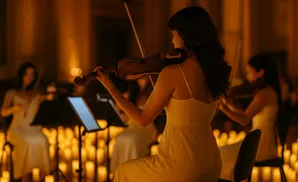 Musicians playing violins in a dimly lit room with many candles.