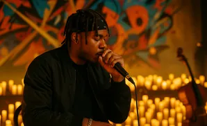 Man with dreadlocks singing into a microphone in front of a colorful mural and a cello.