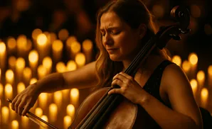 A woman plays the cello with her eyes closed, illuminated by numerous candles in the background.