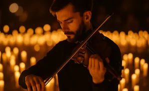Man playing violin in front of many lit candles.