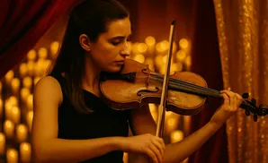 A woman plays a violin in front of flickering candles and a gold sequined backdrop.