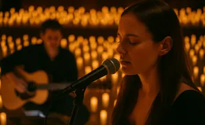 A woman sings into a microphone as a man plays guitar in the background, surrounded by warm candlelight.