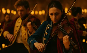 A woman in a blue velvet jacket plays the violin in a dimly lit setting, with a blurred man playing violin behind her.