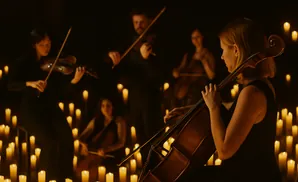 A string quartet performs by candlelight amidst lush floral arrangements, creating an intimate and atmospheric scene.