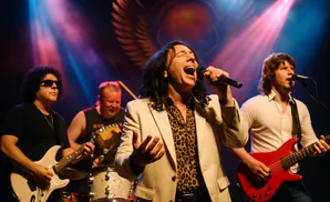A rock band performs live on stage, with a lead singer in the foreground.