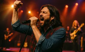 A male singer with long hair belts into a microphone with his fist raised in a performance.
