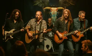 A band plays music on a stage in front of a large, colorful eagle graphic.