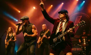 A band performs on stage with red and blue lights. The lead singer points his finger in the air.