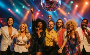 A diverse group of six people in 1970s attire sing into microphones under a disco ball.
