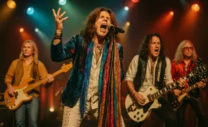A rock band performs on stage with a lead singer in a colorful jacket and scarf.