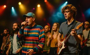 A band performs on stage with colorful lights. The lead singer wears a striped shirt and blue cap, while a guitarist plays an electric guitar.