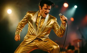 A singer in a gold suit performs on stage, singing into a microphone with a dynamic pose.