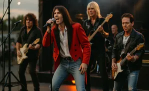 A rock band performs on stage at dusk, with the lead singer in a red jacket in the foreground.