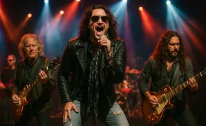 A rock band performs on stage, with a singer in the foreground and guitarists on either side.