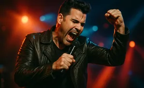 A male singer in a black leather jacket belts into a microphone with his fist raised.