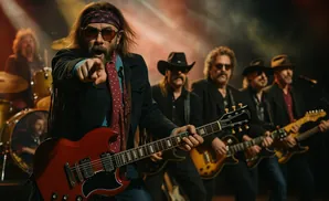 A band performs on stage with the lead singer pointing at the camera while playing a red guitar.