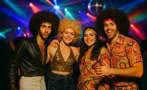Four friends in 70s disco attire with afros and colorful outfits dance under disco lights.