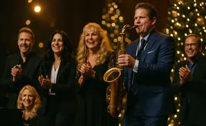 A band plays a saxophone in front of a Christmas tree.