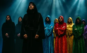 Group of people in colorful hooded robes, standing in a line with spotlights behind them.