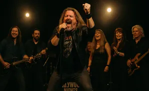 A rock band performs on stage with the lead singer in the spotlight, fist raised.