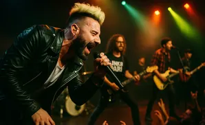 A male rock singer with blonde-tipped hair belts into a microphone while his band plays behind him.