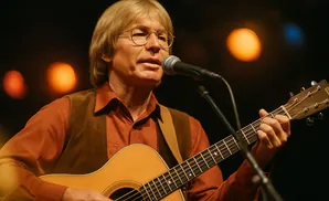 A blond man in a rust-colored shirt and brown vest plays an acoustic guitar and sings into a microphone.