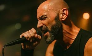 A bald, bearded man in a black tank top sings into a microphone.
