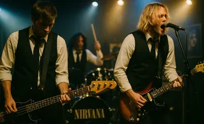 Three musicians on stage: two guitarists and a drummer, with spotlights illuminating them.