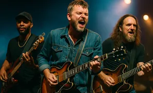 Three male guitarists perform on stage, one in the center singing with his eyes closed.