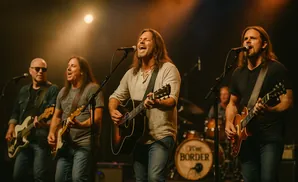 A band performs on stage, with three guitarists singing and playing.