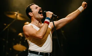 Man with mustache and white tank top sings into microphone with arm raised, wearing wristbands.
