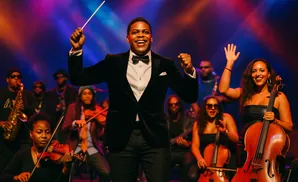 Conductor leads an orchestra with a violinist and cellist during a vibrant performance.