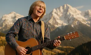 Man with blonde hair and glasses laughing while playing an acoustic guitar in front of snow-capped mountains.