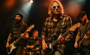 A band plays on stage, illuminated by spotlights. The frontman wears round white sunglasses and a plaid shirt.
